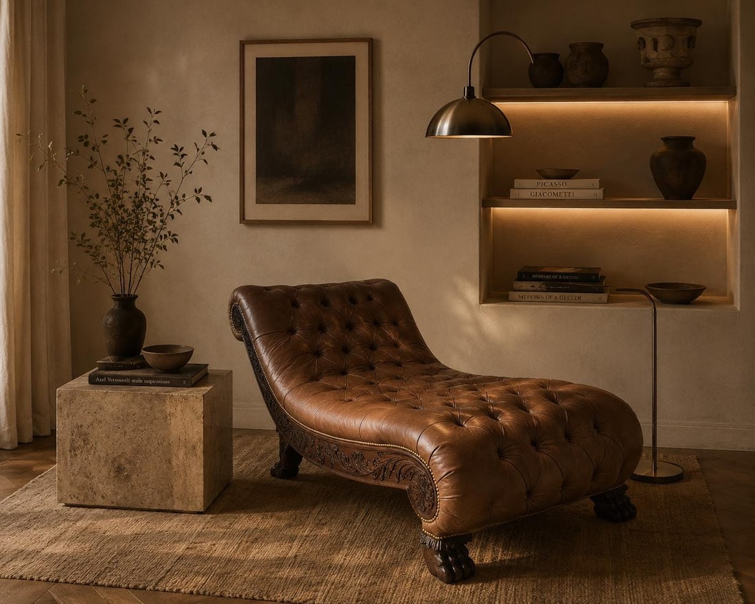 Antique Chesterfield Style Carved Oak Tufted Chaise Lounge - 2