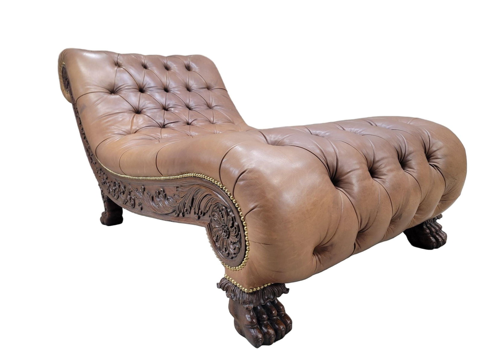 Antique Chesterfield Style Carved Oak Tufted Chaise Lounge - 3