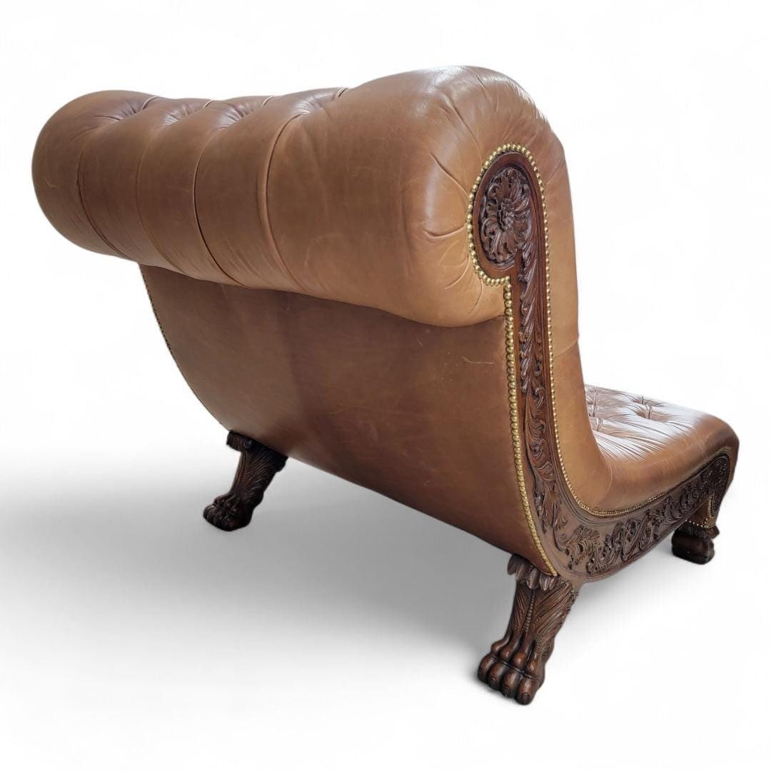 Antique Chesterfield Style Carved Oak Tufted Chaise Lounge - 5