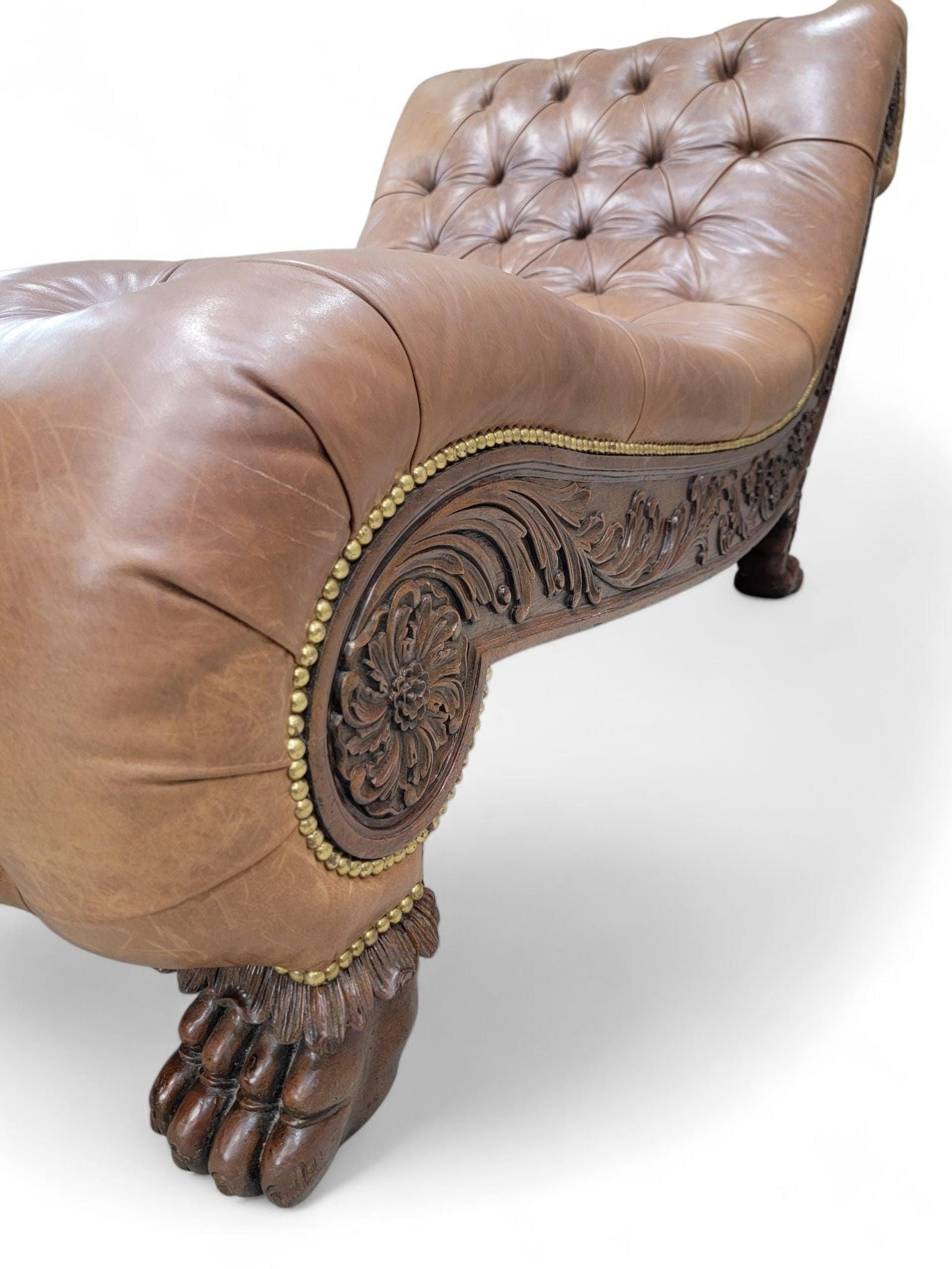 Antique Chesterfield Style Carved Oak Tufted Chaise Lounge - 6