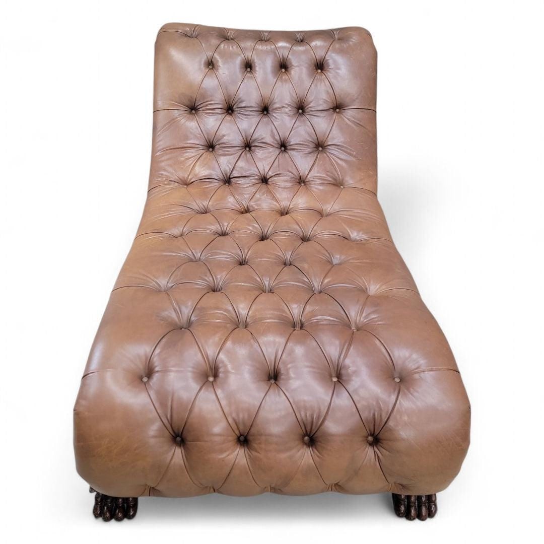 Antique Chesterfield Style Carved Oak Tufted Chaise Lounge - 8