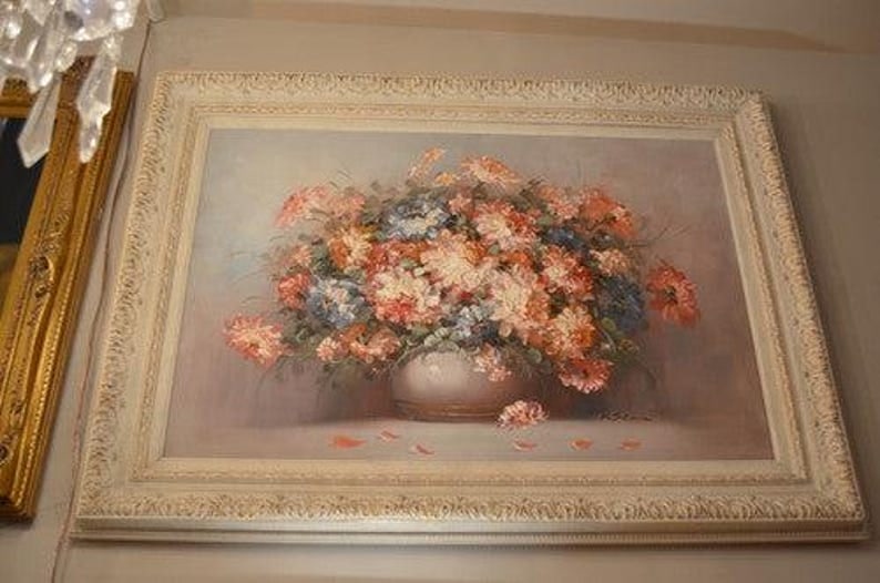 Vintage Floral Still Life Oil Painting in White Ornate Carved Frame (1 of 6)