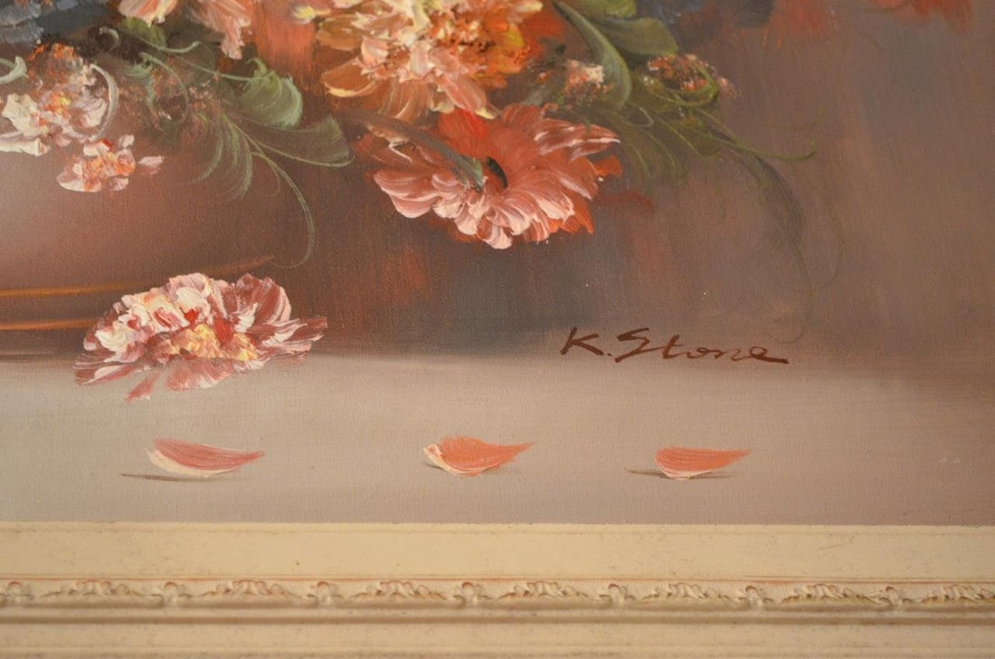 Vintage Floral Still Life Oil Painting in White Ornate Carved Frame - 5