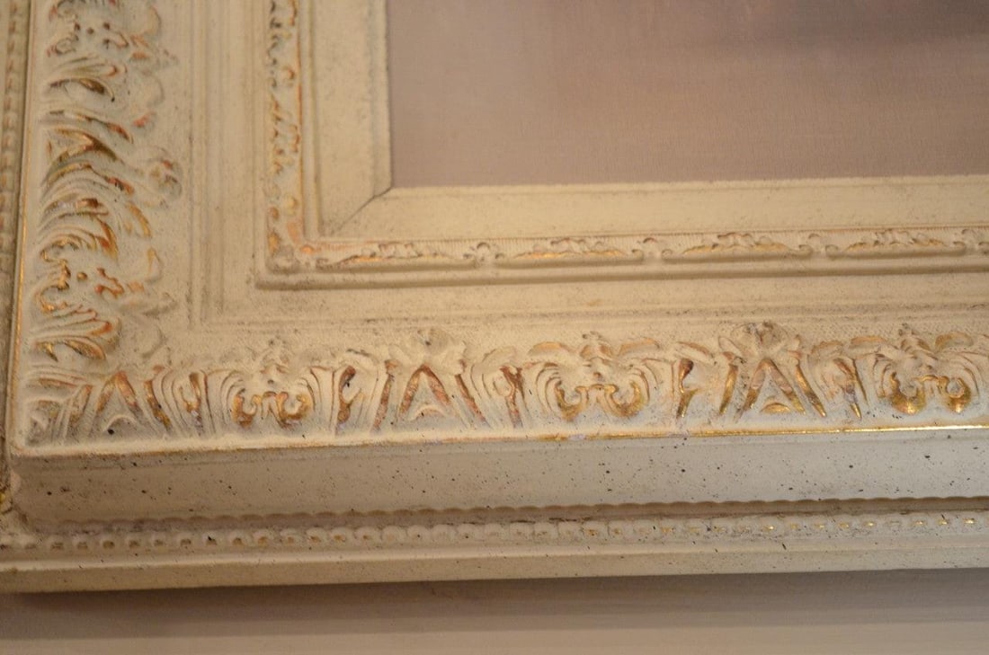 Vintage Floral Still Life Oil Painting in White Ornate Carved Frame - 6