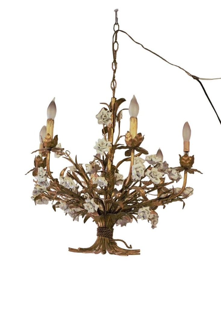 Hollywood Regency Italian White Porcelain Roses Chandelier (1 of 6)