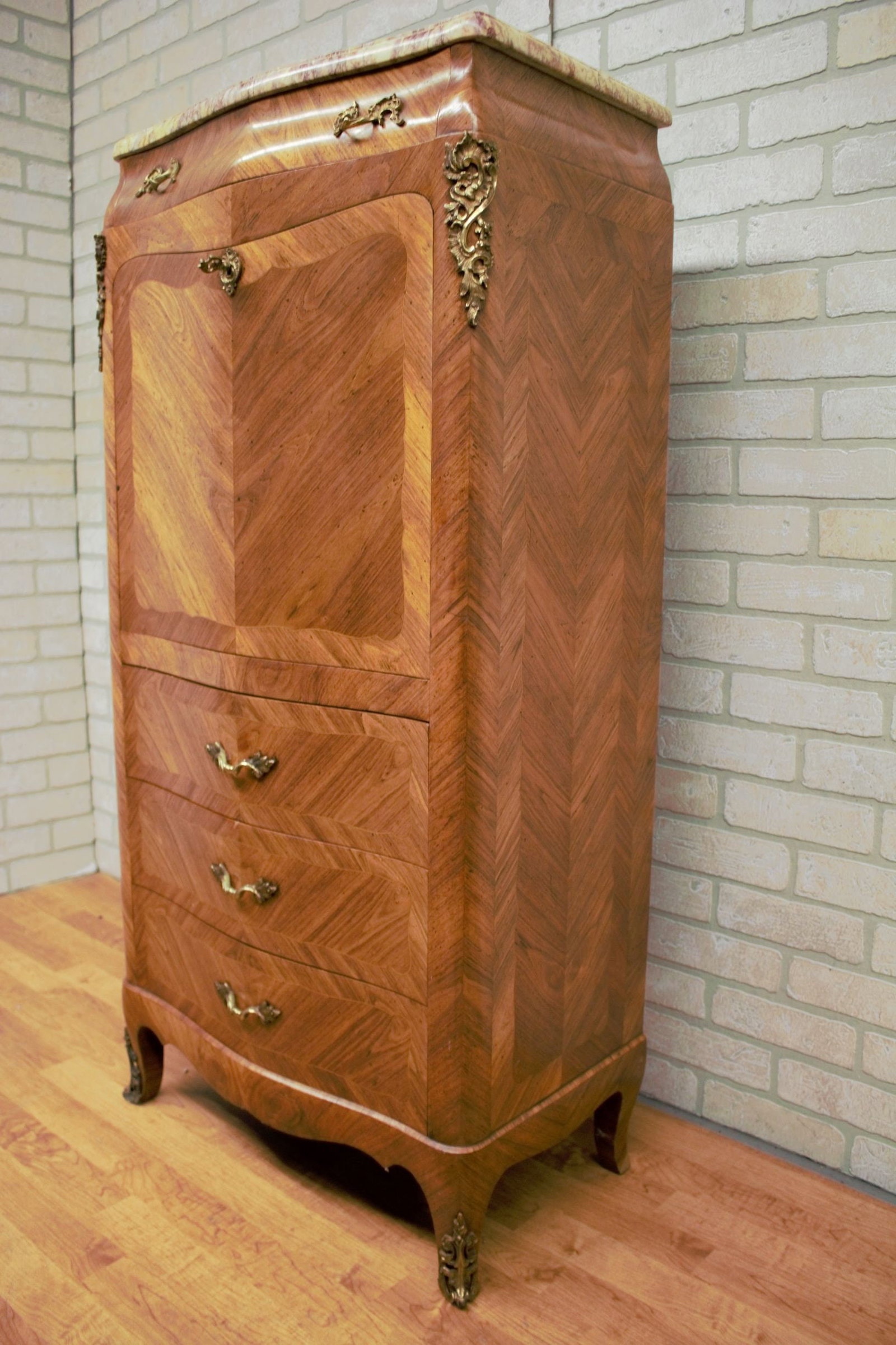 Antique French Louis XV Style Marquetry Flip Down Secretary Writing Chest with Marble Top - 3