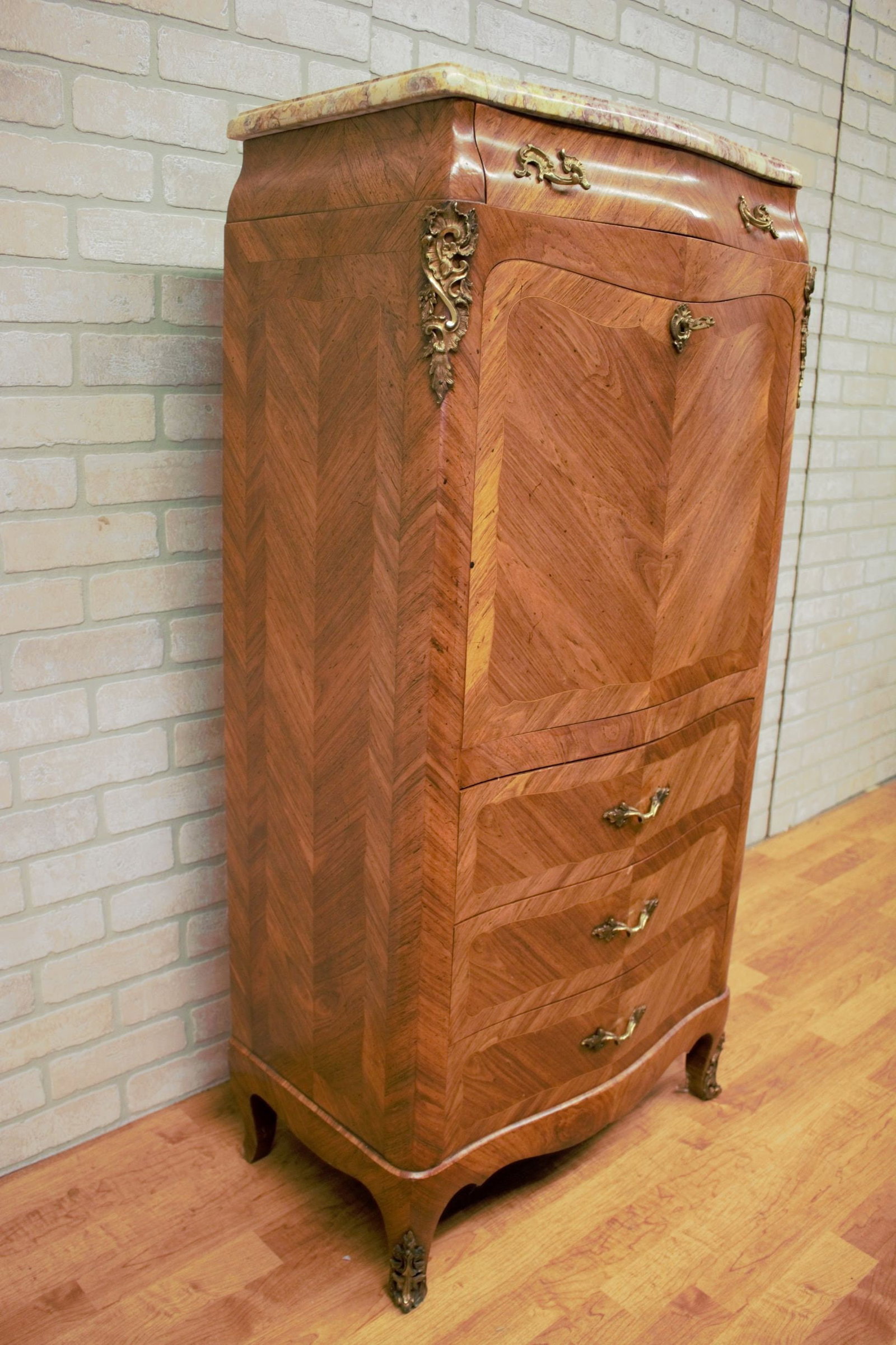 Antique French Louis XV Style Marquetry Flip Down Secretary Writing Chest with Marble Top - 4