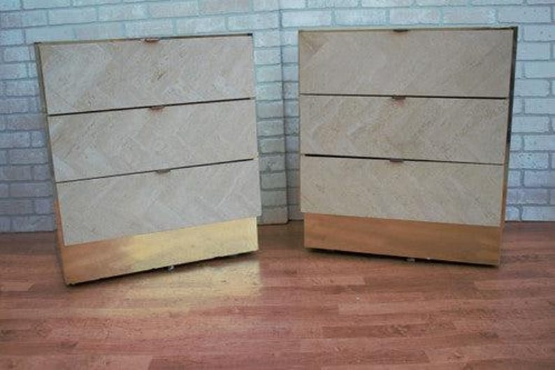 Hollywood Regency Ello Brass and Italian Travertine Chest of Drawers - Pair: Title: Hollywood Regency Ello Brass and Italian Travertine Chest of Drawers - Pair Description: Hollywood Regency Ello Brass and Italian Travertine Chest of Drawers - Pair Circa H 28"W 24.5"D 17" Good