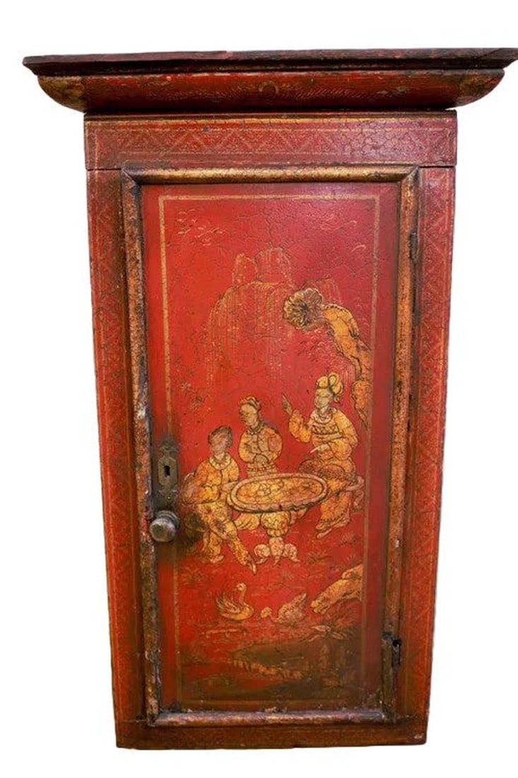Vintage Asian Hand Painted Red Cabinet: Title: Vintage Asian Hand Painted Red Cabinet Description: Vintage Asian Hand Painted Red Double Door Cabinet Circa Mid 20th Century Dimensions H 27.5"W 16.5"D 8.5" CONDITION: Please be aware that