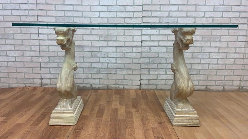 Vintage Hollywood Regency Asian Dragon Statue with Glass Top Console Table (1 of 8)