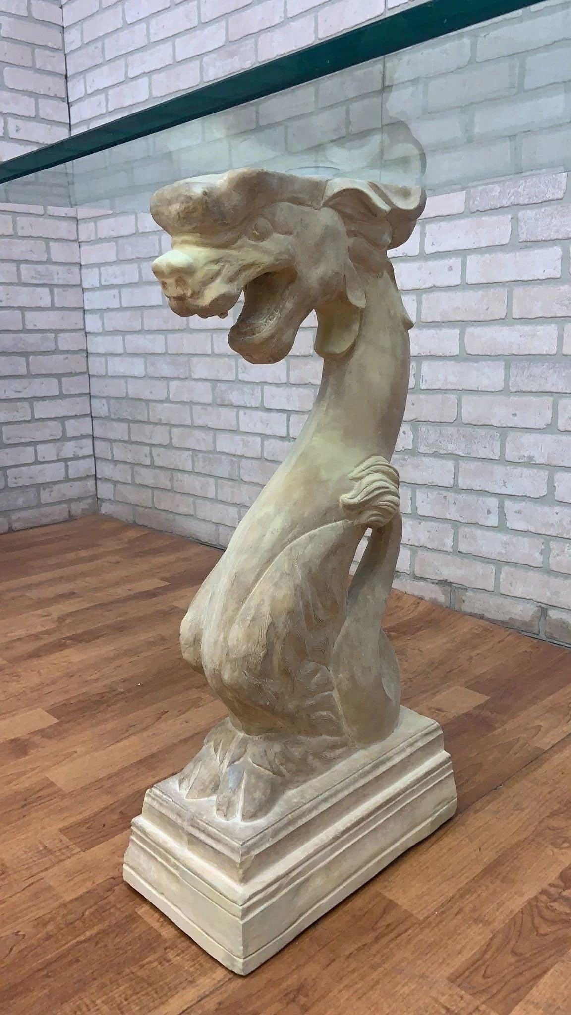 Vintage Hollywood Regency Asian Dragon Statue with Glass Top Console Table - 7