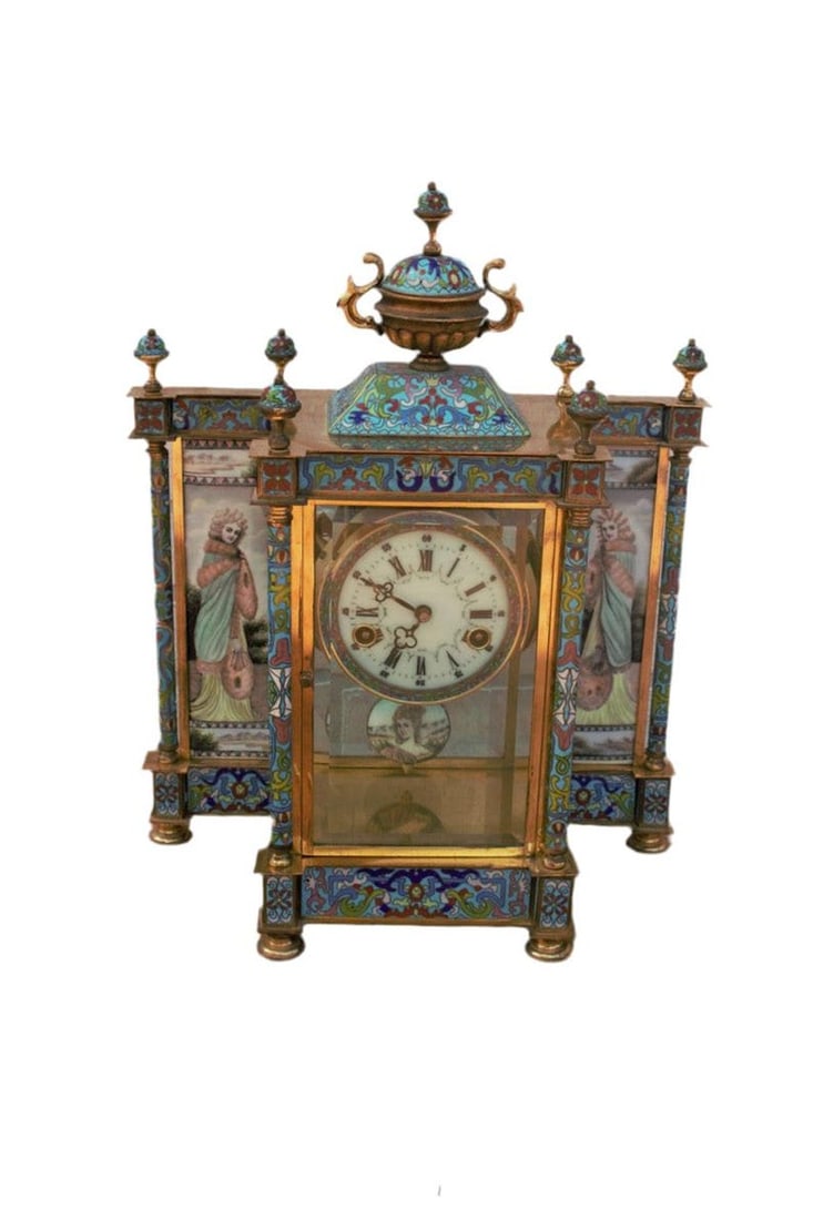 Vintage Chinese Cloisonné Enamel Wind Up 7 Day Chiming Clock (1 of 8)