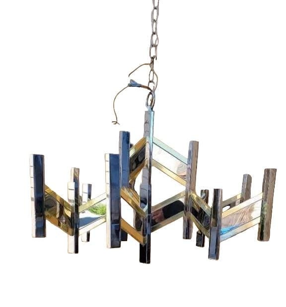 MCM Italian Gaetano Sciolari Brass & Chrome Zig Zag Chandelier - 6