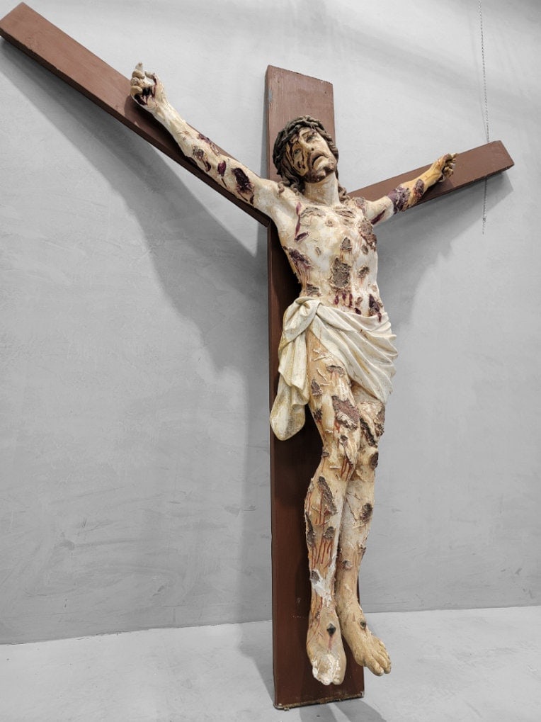 Vintage Finely Carved Massive Crucifix Salvaged from Catholic Church - 3
