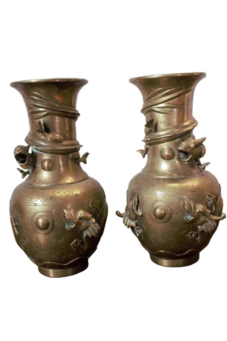 Antique Chinese Bronze Royal Dragons Sculpted Vase - Pair - 5