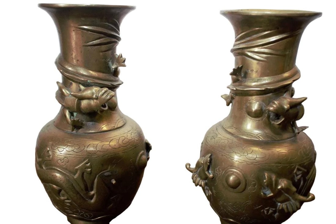 Antique Chinese Bronze Royal Dragons Sculpted Vase - Pair - 6