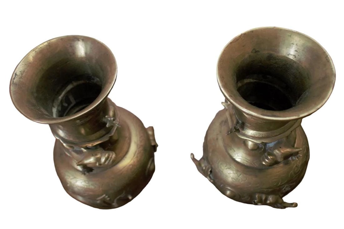 Antique Chinese Bronze Royal Dragons Sculpted Vase - Pair - 8