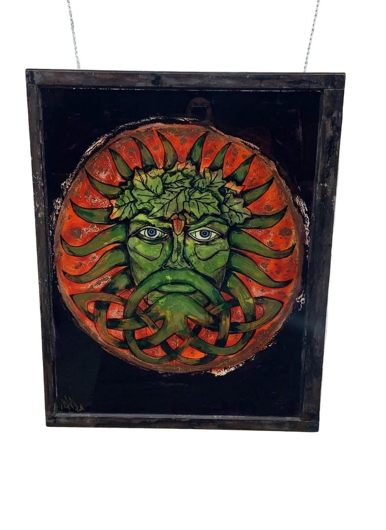 Vintage Reverse Painted Glass Wall Art Signed by Mark Narens: Title: Vintage Reverse Painted Glass Wall Art Signed by Mark Narens Description: Vintage Reverse Painted Glass Hanging Wall Art with Male Figure Signed by Mark NarensIntroducing a stunning piece of
