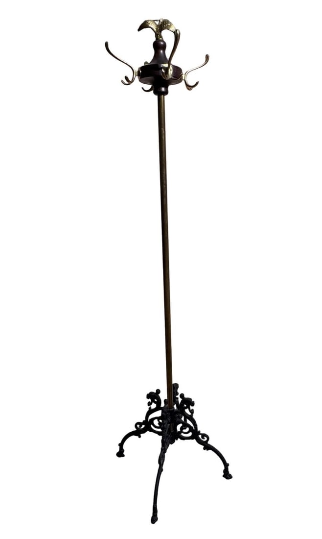 Antique Victorian Federal Style Brass, Wood and Wrought Iron Coat Rack with Eagle Finial - 3