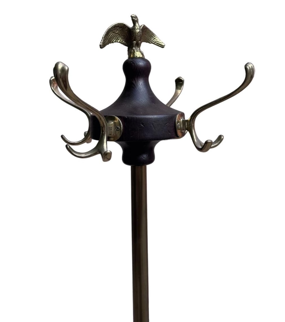Antique Victorian Federal Style Brass, Wood and Wrought Iron Coat Rack with Eagle Finial - 7