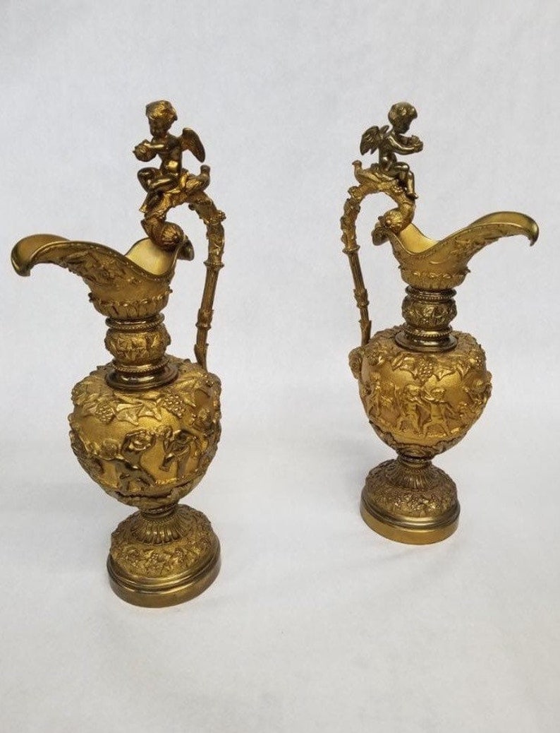 Antique French Renaissance Revival Figural Ormolu Ewer - Pair: Title: Antique French Renaissance Revival Figural Ormolu Ewer - Pair Description: Antique French Renaissance Revival Figural Ormolu Ewer - Pair Very fine quality pair of French Renaissance Revival hea