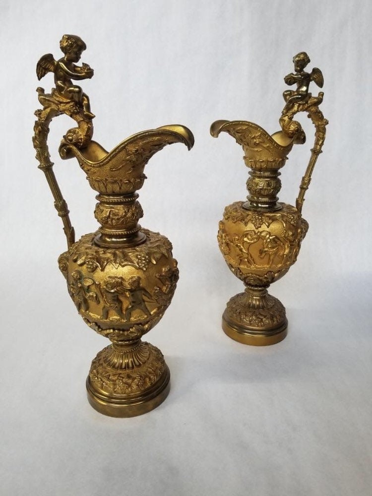 Antique French Renaissance Revival Figural Ormolu Ewer - Pair - 4