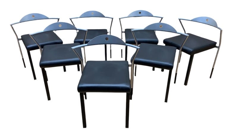 Vintage Space Age Italian Black Leather Side Chairs - Set of 7 (1 of 8)