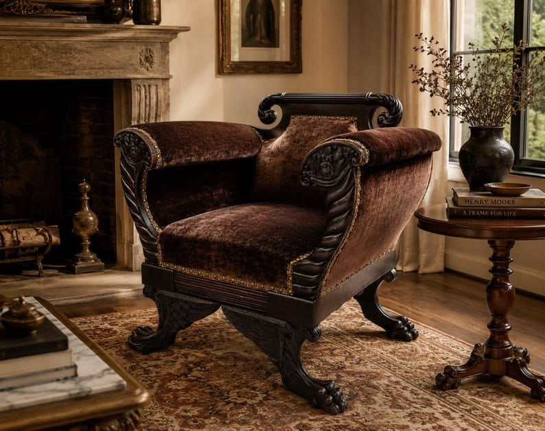 American Empire Mahogany Lounge Chair Newly Reupholstered: Title: American Empire Mahogany Lounge Chair Newly Reupholstered Description: American Empire Mahogany Armchair Newly Reupholstered in “Plum” Mohair Antique American Empire Revival
