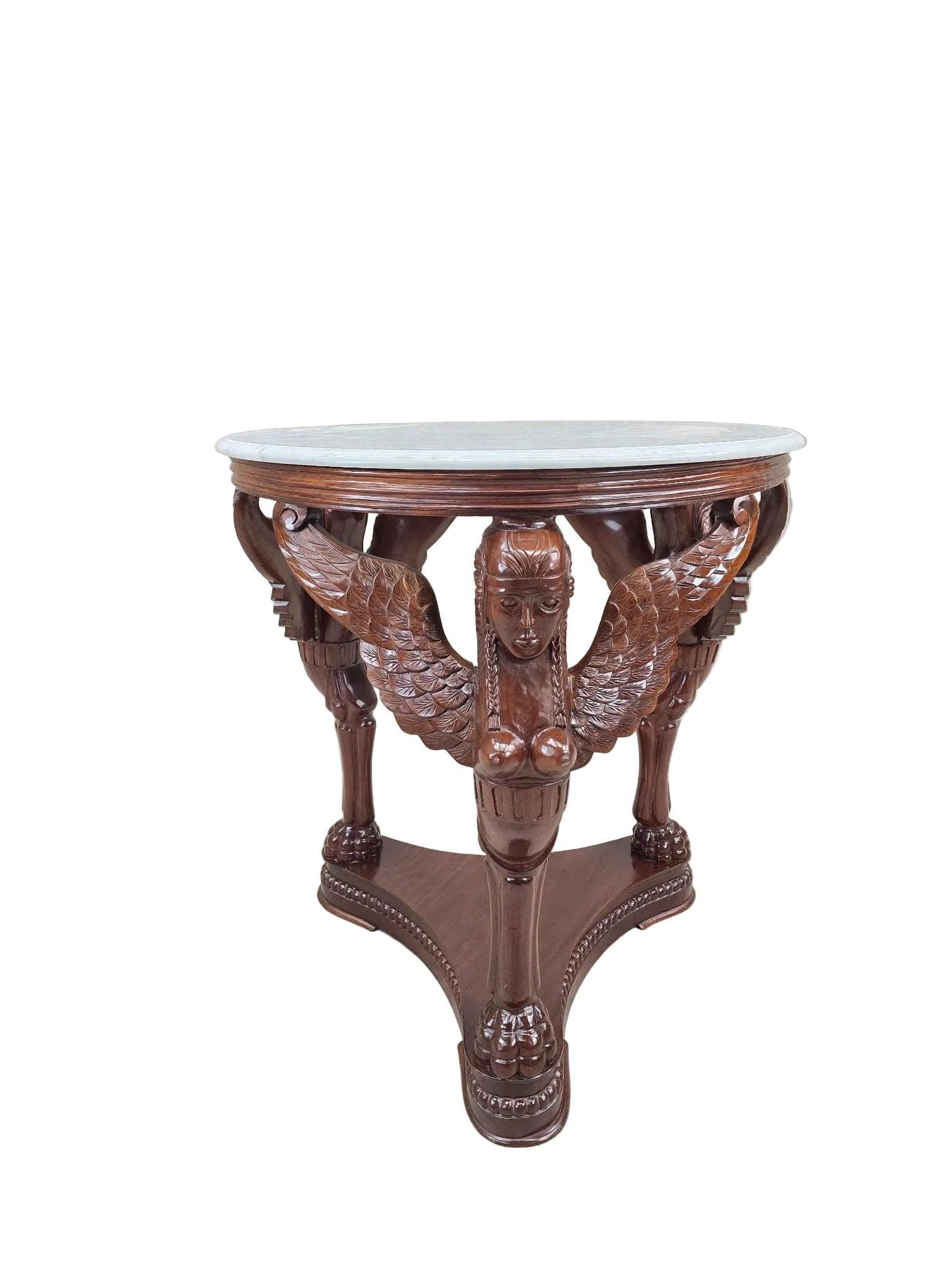 Vintage Indonesian Neoclassical Style Winged Caryatid Marble Top Center Table - 2