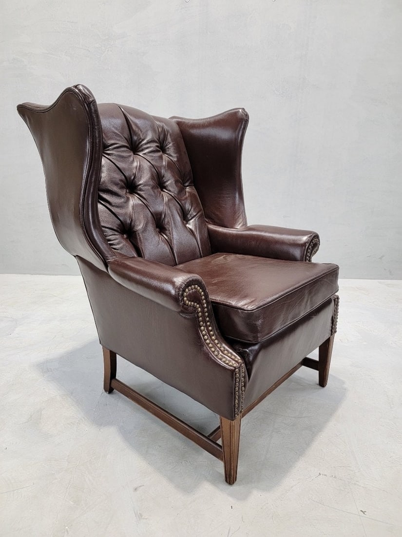 Vintage English Chesterfield Style Wingback Chair Newly Upholstered in Leather - 8