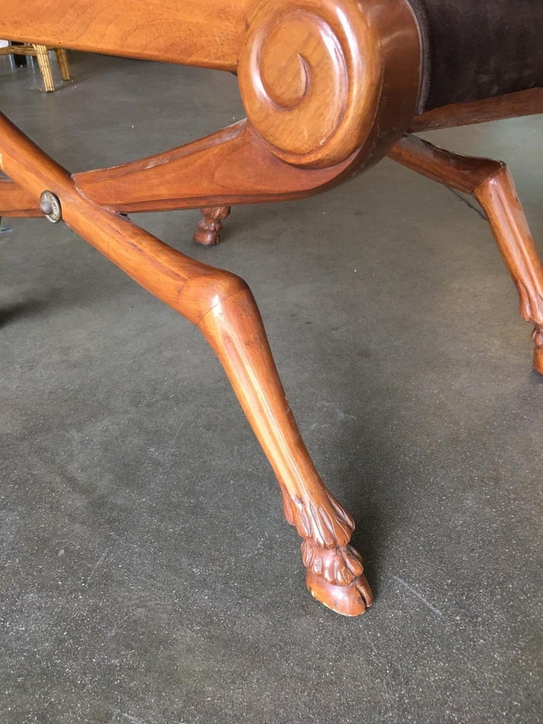 Neoclassic Style Walnut Stool with Brown Velvet Top - 5