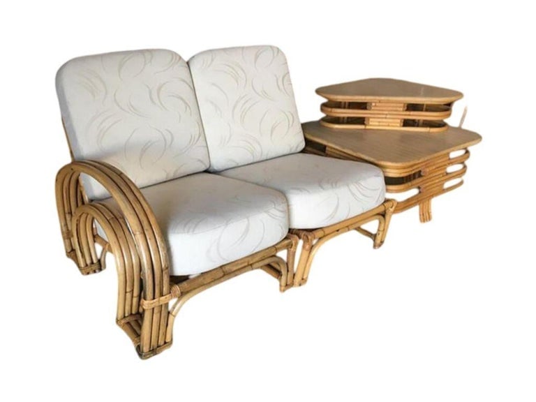 Restored Double Horseshoe Rattan Sofa, Lounge Chair, Side Table Living Room Set - 2
