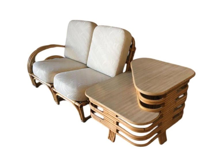 Restored Double Horseshoe Rattan Sofa, Lounge Chair, Side Table Living Room Set - 3