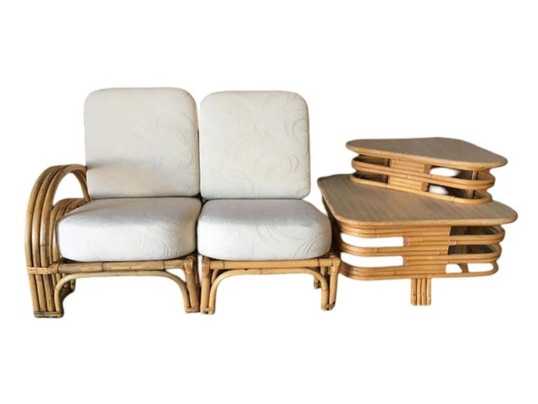 Restored Double Horseshoe Rattan Sofa, Lounge Chair, Side Table Living Room Set - 5
