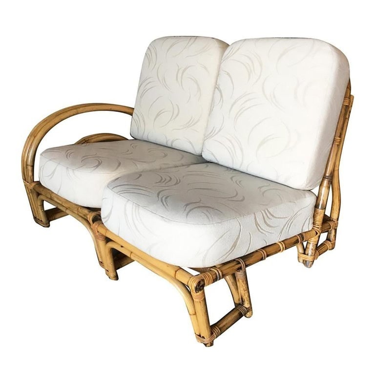 Restored Double Horseshoe Rattan Sofa, Lounge Chair, Side Table Living Room Set - 6