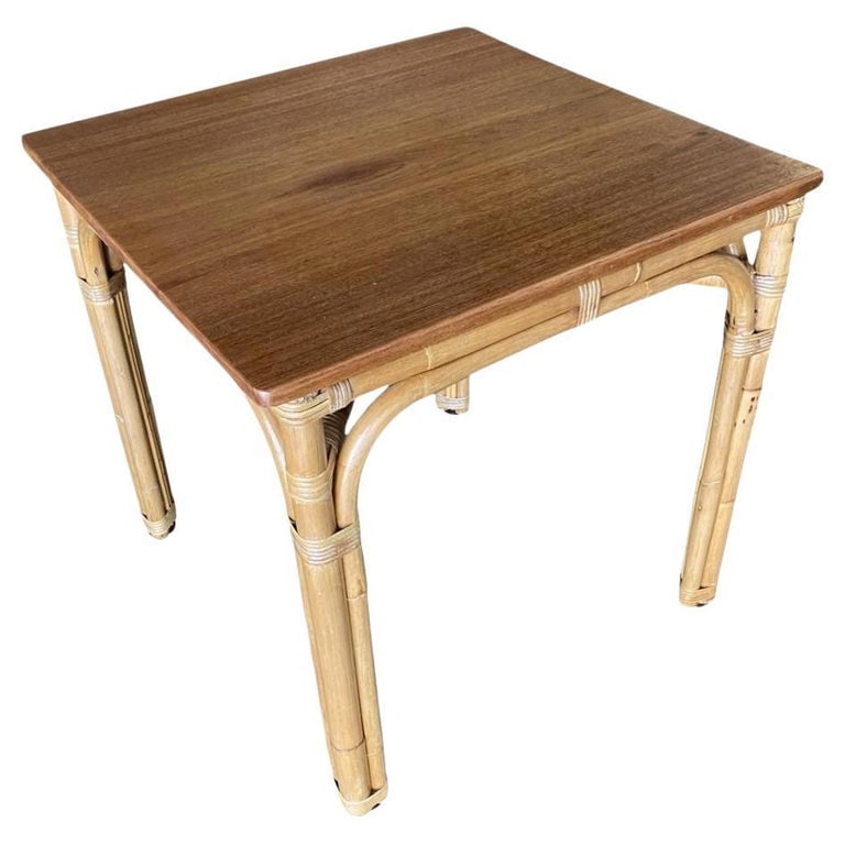 Restored Mid-century 3-Strand "Arch" Base Rattan Games Table W/ Mahogany Top: This beautifully rare restored rattan games table with a wonderful 3-strand arch base, fancy wicker wrappings, and a beautiful medium-stained mahogany top. The table is very reminiscent of the designs