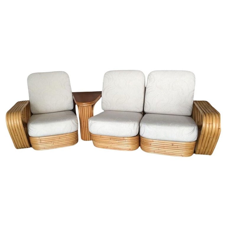 Restored 6-Strand Square Pretzel 3 Seat Rattan Corner Sofa W/ Side Table (1 of 7)