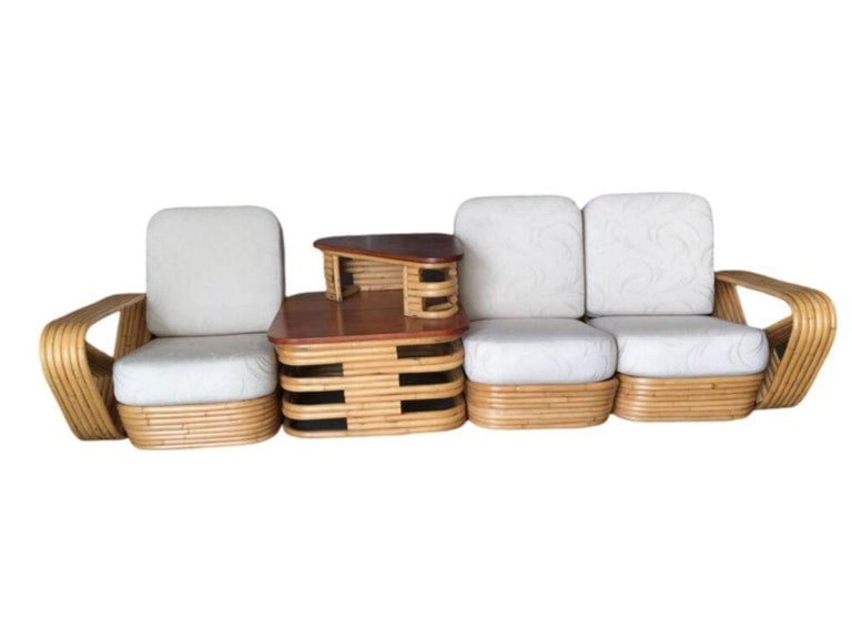 Restored MCM 6-Strand Square Pretzel 3 Seat Rattan Corner Sofa w/ Table - 3