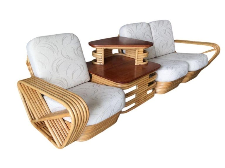 Restored MCM 6-Strand Square Pretzel 3 Seat Rattan Corner Sofa w/ Table - 5