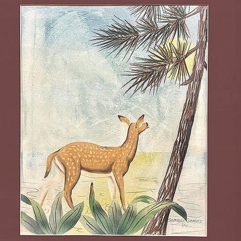 Deer Scenic Watercolor on Paper Signed by Shirrell Graves in Bamboo Frame, Pair - 6