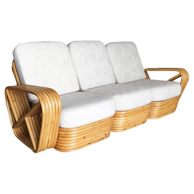 Restored Paul Frankl Style Six-Strand Square Pretzel Sectional Sofa: This beautifully restored rattan blending style vintage charm with modern comfort. Six-strand square pretzel style, three-seat sectional sofa. This sofa features the famous five-strand square pretzel 