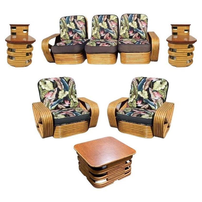 Restored 6-Strand Square Pretzel Rattan Lounge Chair, Sofa Livingroom Set: This beautifully restored Art Deco Rattan living-room set includes a matching 3-seat sectional sofa and lounge chair, and a matching stacked coffee table with two side tables. Both lounge chairs and s