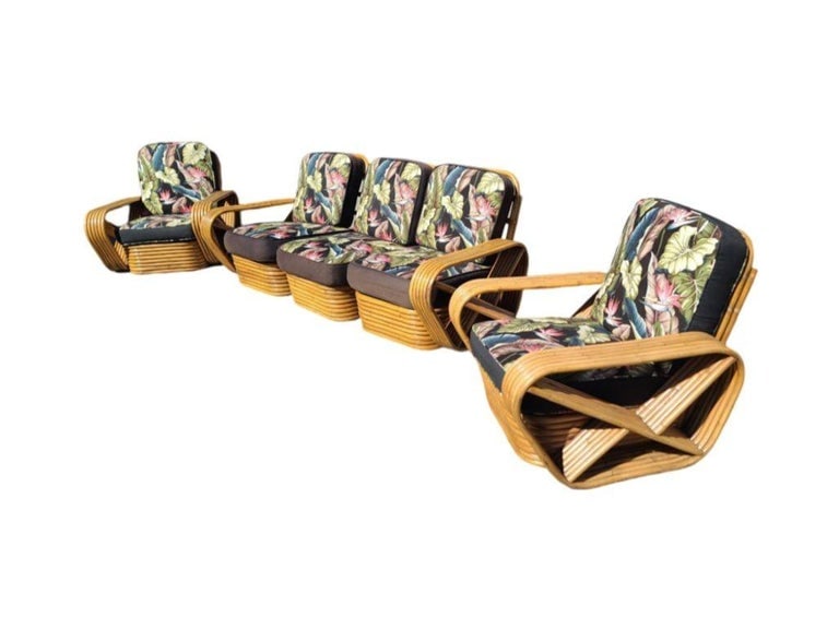 Restored 6-Strand Square Pretzel Rattan Lounge Chair, Sofa Livingroom Set - 6