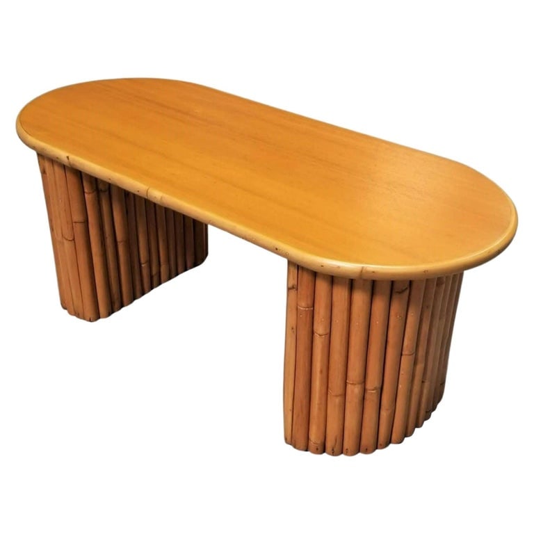 Restored Mahogany Coffee Table w/ Vertical Stacked Rattan Half Moon Pedestal Leg (1 of 4)