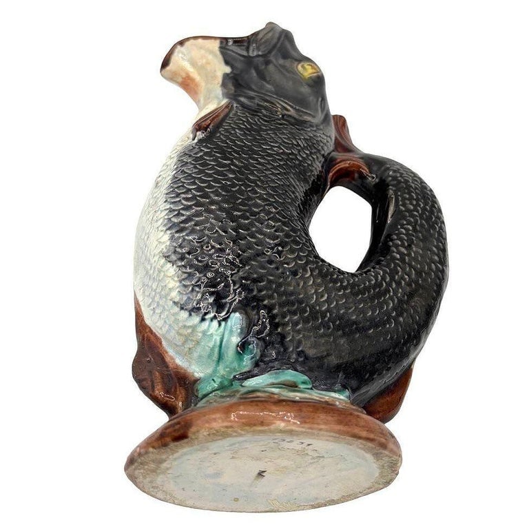 Victorian Hand Painted Majolica Gurgle Fish Ceramic Pitcher - 2