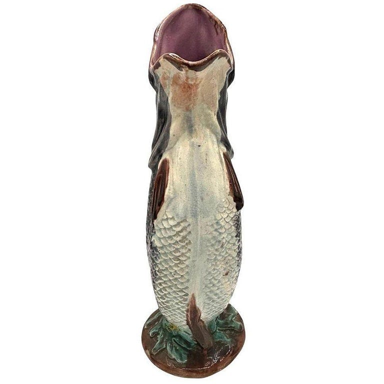 Victorian Hand Painted Majolica Gurgle Fish Ceramic Pitcher - 4