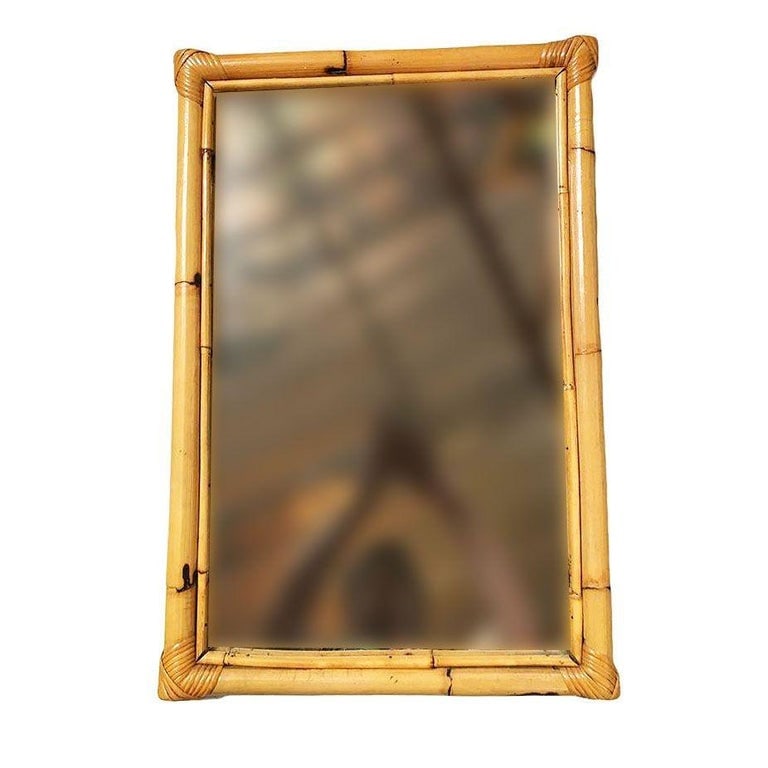 Restored Long Two-Strand Rattan Wall Mirror W/ Stick Reed Rattan Border - 2