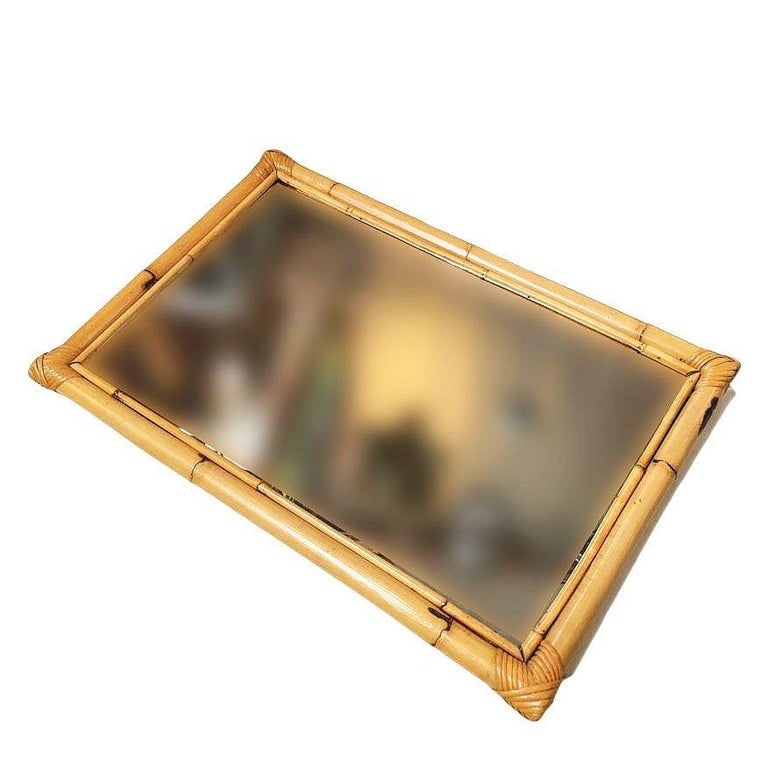 Restored Long Two-Strand Rattan Wall Mirror W/ Stick Reed Rattan Border - 3