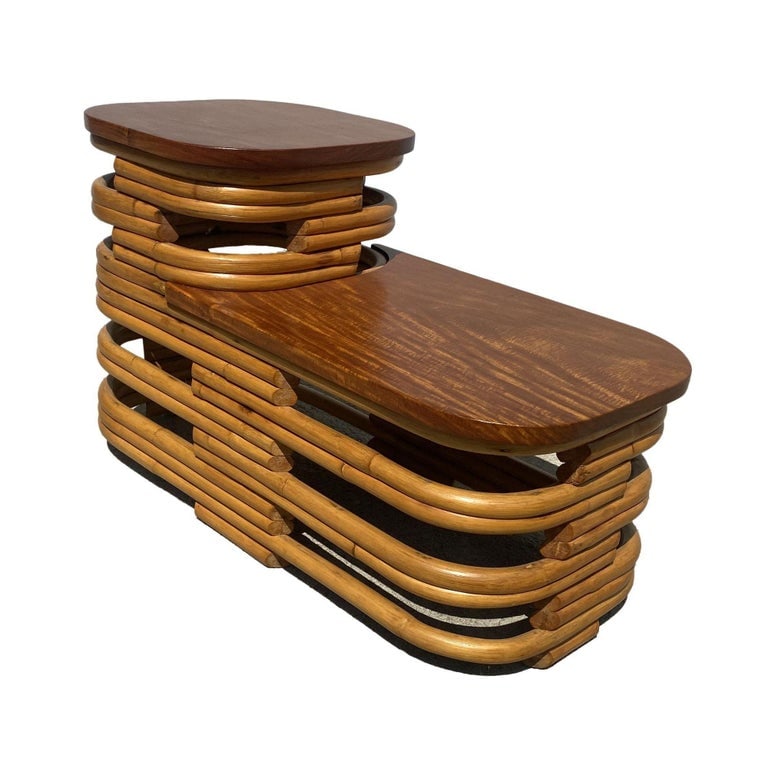 Restored Art Deco Two-Tier Stacked Rattan Side Table w/ Mahogany Top, Pair - 2