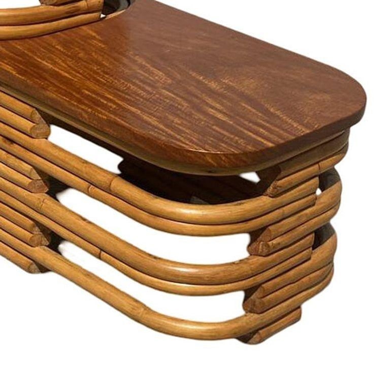 Restored Art Deco Two-Tier Stacked Rattan Side Table w/ Mahogany Top, Pair - 7